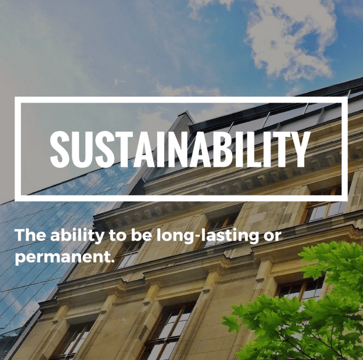 Die Fassade eines Gebäudes kombiniert traditionelle und moderne Architektur mit einem blauen Himmel im Hintergrund und einer grünen Pflanze im Vordergrund. Textüberlagerung: 'SUSTAINABILITY - Die Fähigkeit, langanhaltend oder dauerhaft zu sein.'