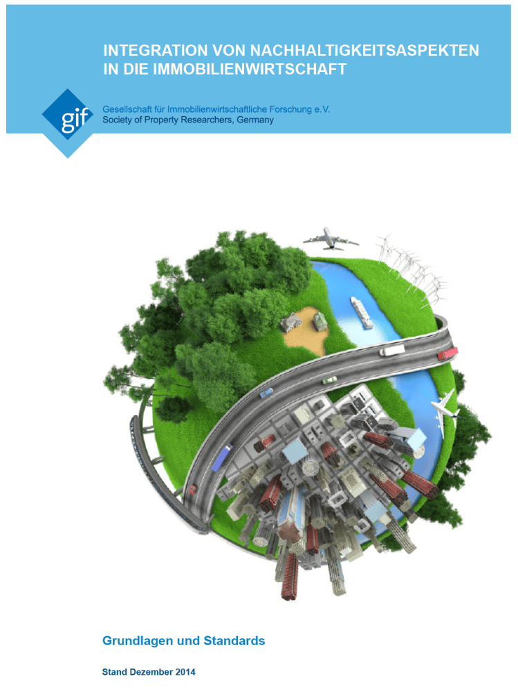 Coverpage des Berichts mit dem Titel 'Integration von Nachhaltigkeitsaspekten in die Immobilienwirtschaft', illustriert mit einer Grafik, die eine kreisförmige Landschaft zeigt, die städtische und ländliche Elemente kombiniert.