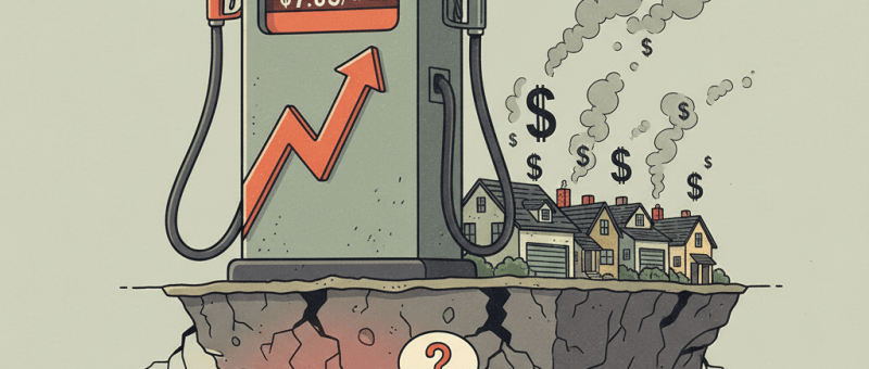 Fuel Prices Soar, Housing Trembles illustration with $7.50 gas pump and housing market instability text.