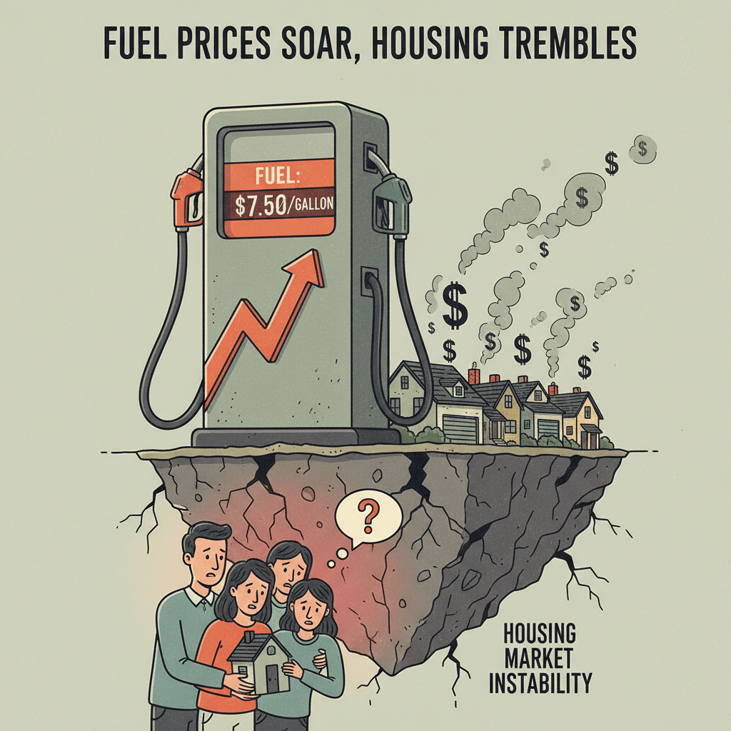 Fuel Prices Soar, Housing Trembles illustration with $7.50 gas pump and housing market instability text.