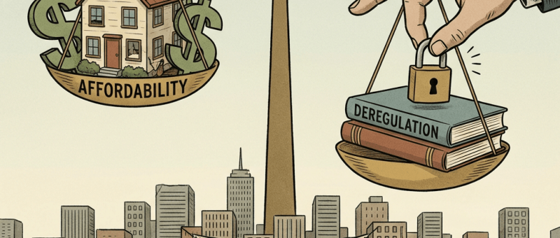 Scale weighing housing AFFORDABILITY against DEREGULATION books above a HOUSING CRISIS cityscape protest.