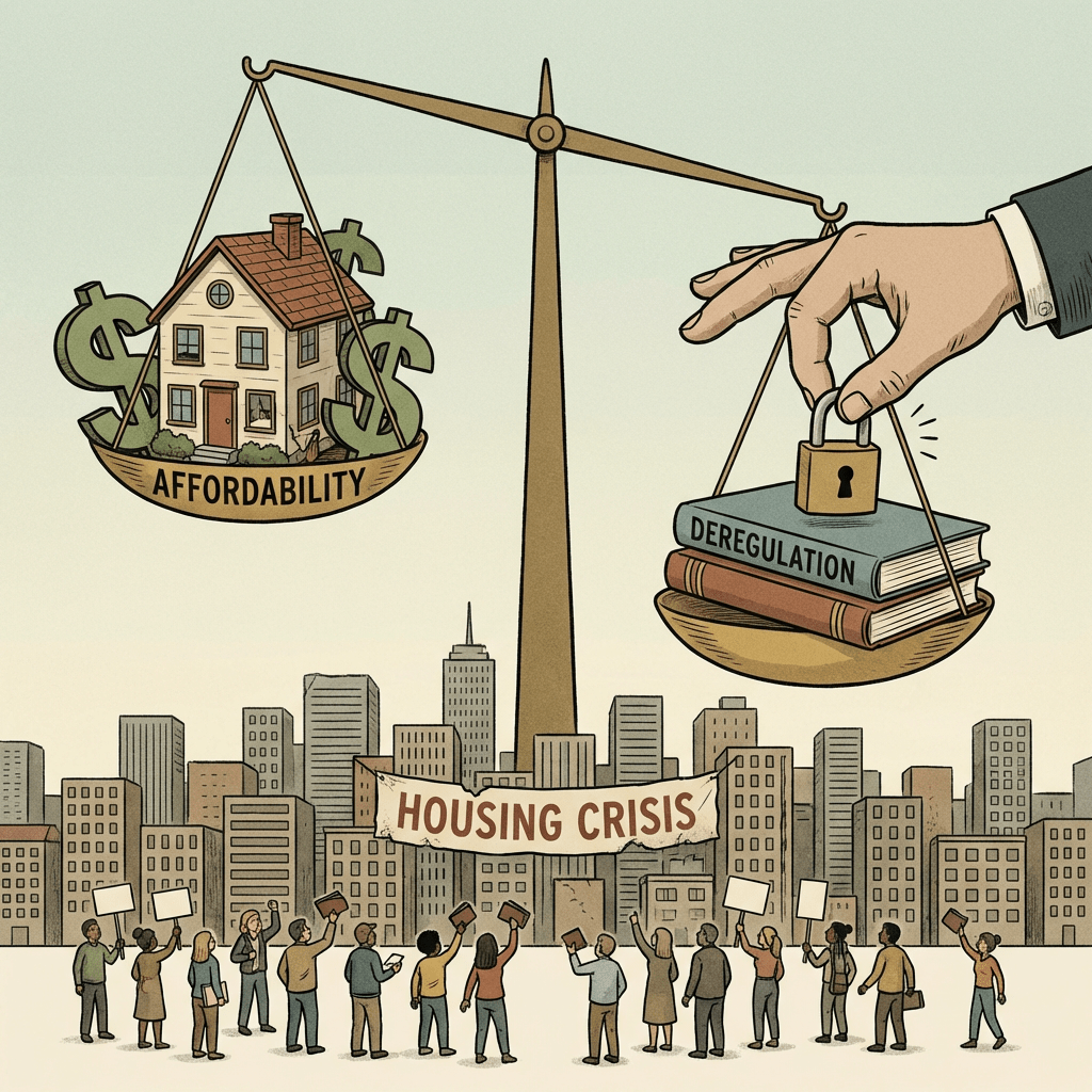 Scale weighing housing AFFORDABILITY against DEREGULATION books above a HOUSING CRISIS cityscape protest.