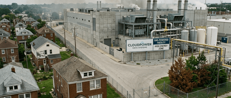 People protesting near a data center with smoke stacks emitting pollution