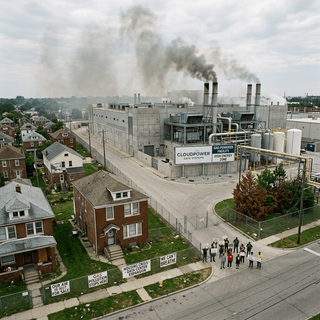 People protesting near a data center with smoke stacks emitting pollution