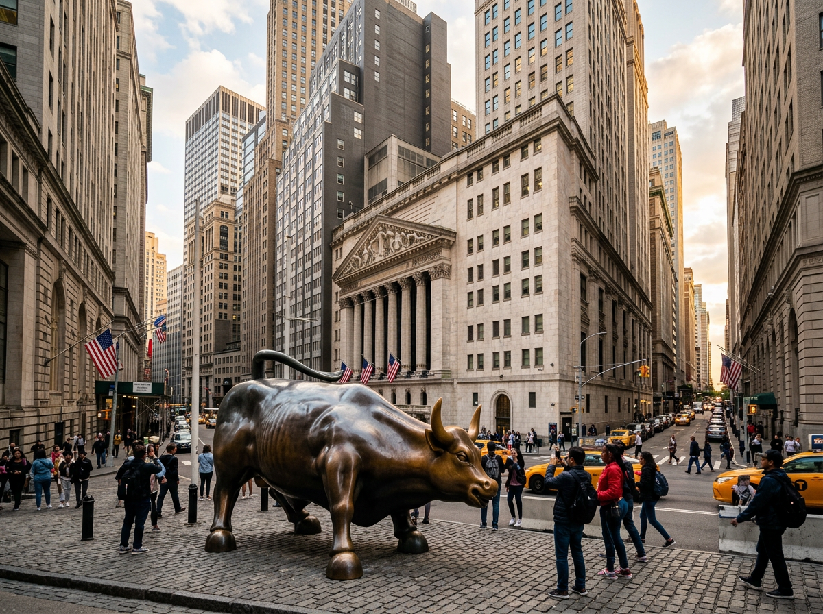 Charging Bull bronze statue with people taking photos in Wall Street area