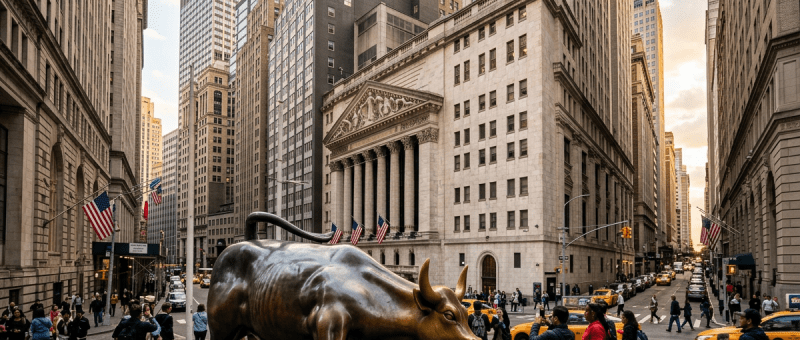 Charging Bull bronze statue with people taking photos in Wall Street area