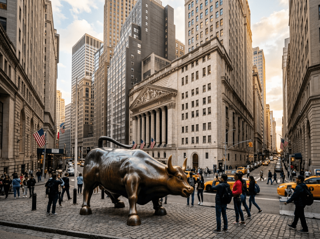 Charging Bull bronze statue with people taking photos in Wall Street area