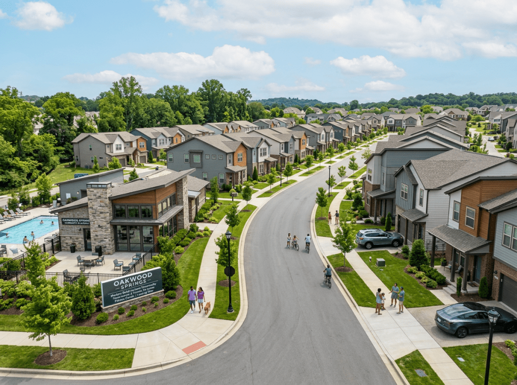 Suburban street with modern houses, clubhouse, and community pool