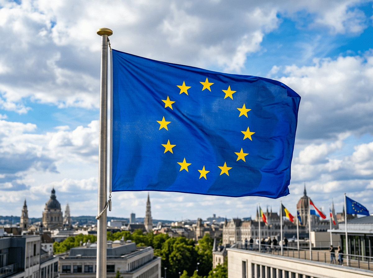 European Union flag with twelve yellow stars on blue background flying above urban buildings