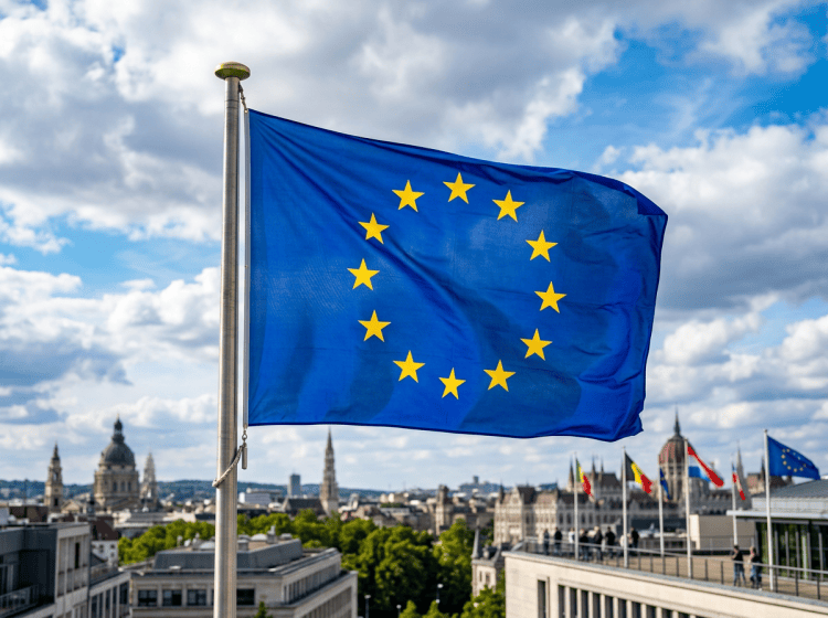 European Union flag with twelve yellow stars on blue background flying above urban buildings