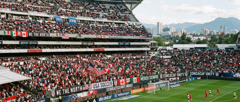 Fans watching USA vs Canada soccer match at large stadium with flags
