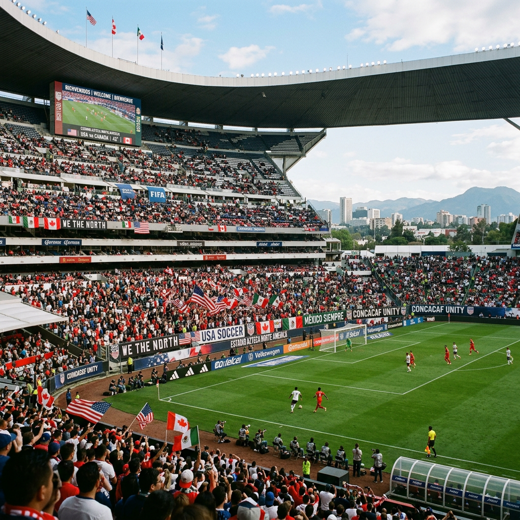 Fans watching USA vs Canada soccer match at large stadium with flags