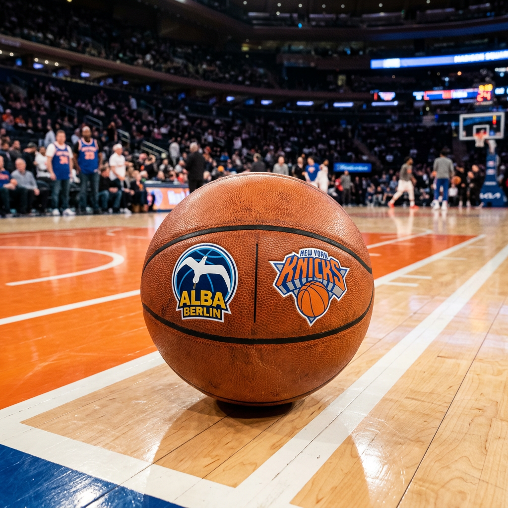 Basketball with ALBA Berlin and New York Knicks logos resting on the basketball court near the sideline