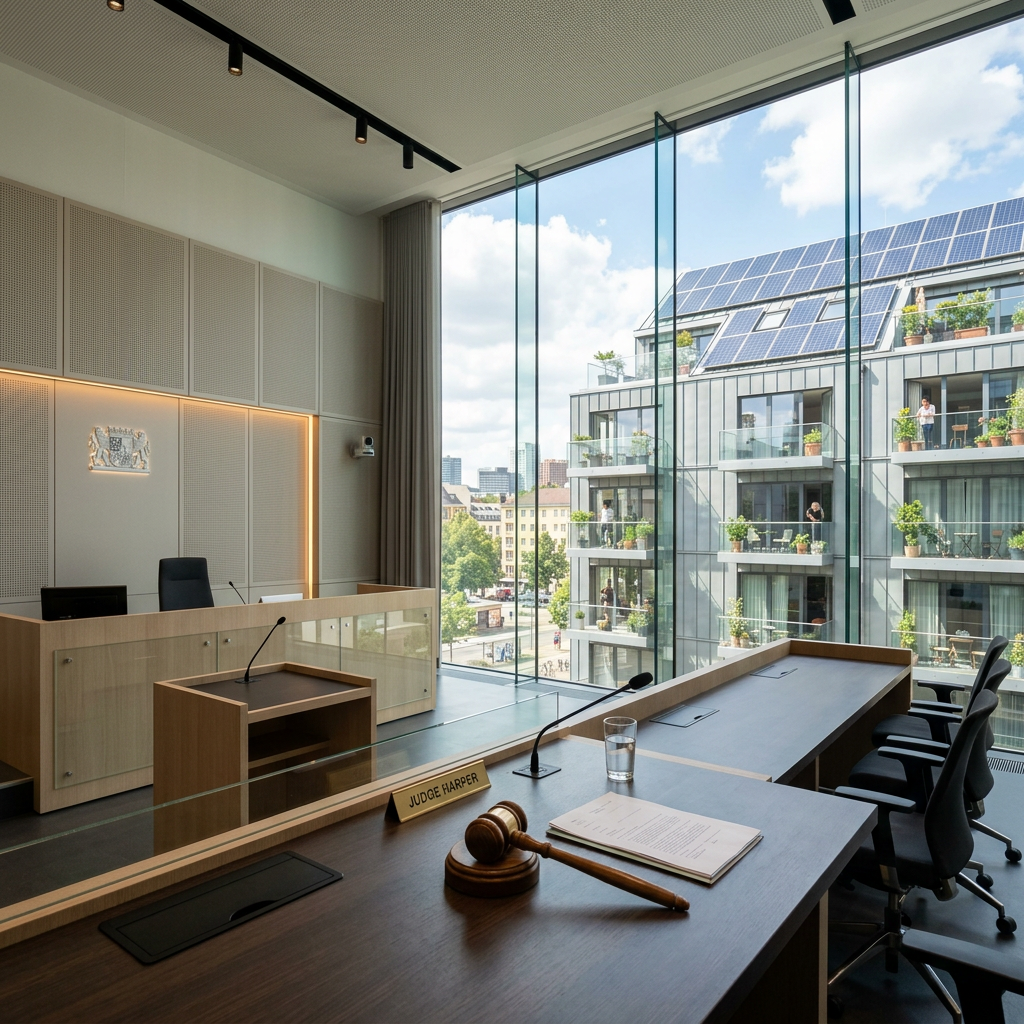 Courtroom interior with judge's bench, gavel, microphones, and large glass windows showing city apartments outside