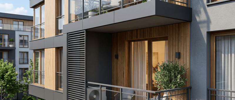 Balconies of a modern apartment building with plants and outdoor seating