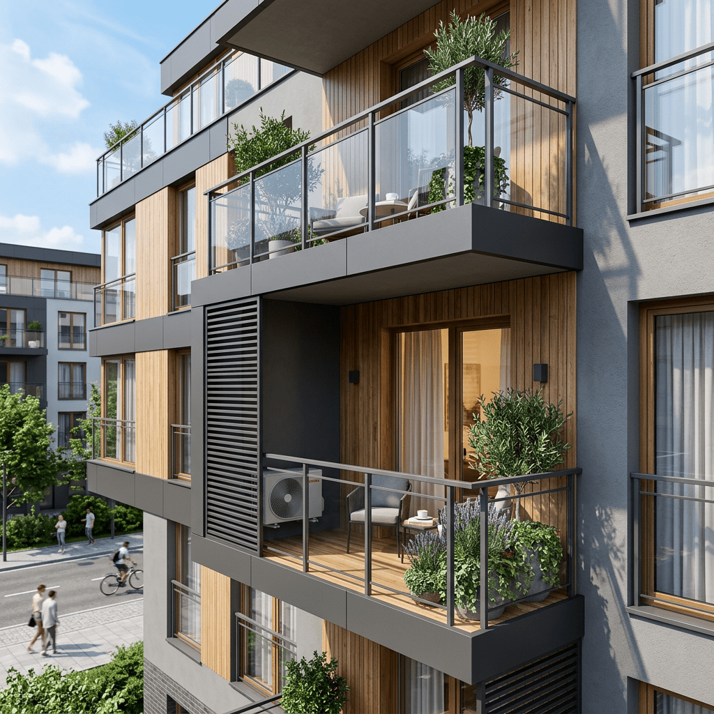 Balconies of a modern apartment building with plants and outdoor seating