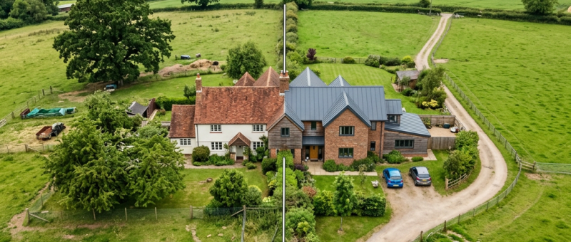 A split rural property showing two houses and surrounding green fields labeled parcel A and parcel B.
