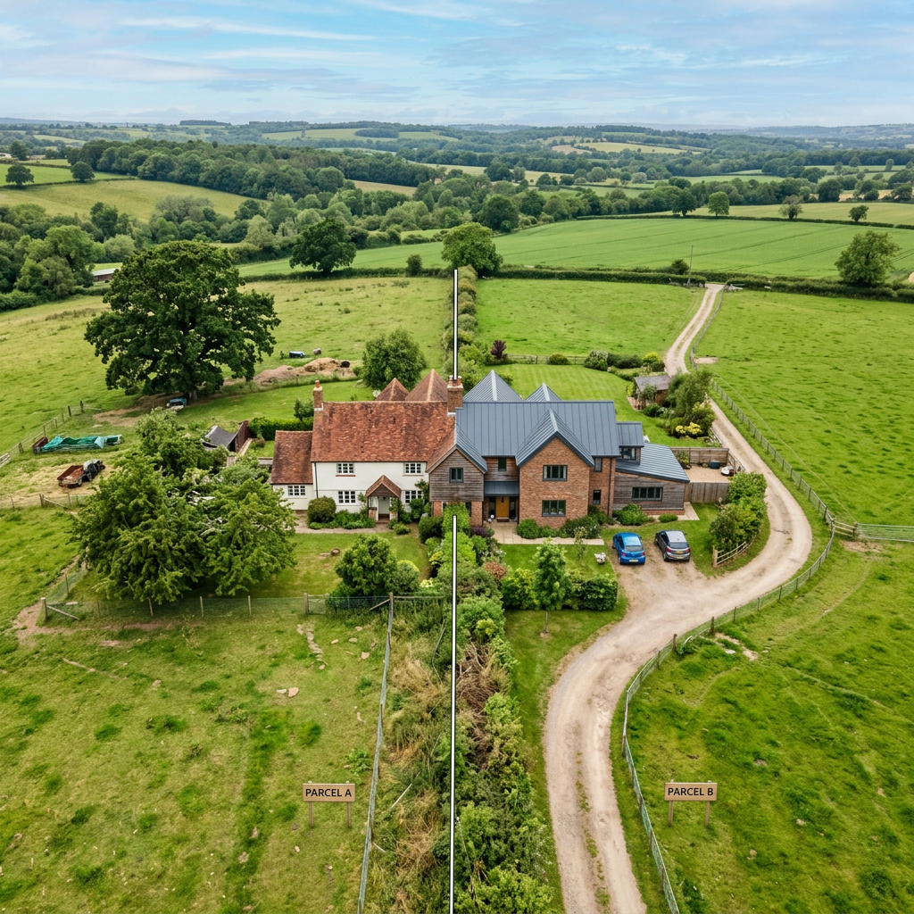 A split rural property showing two houses and surrounding green fields labeled parcel A and parcel B.