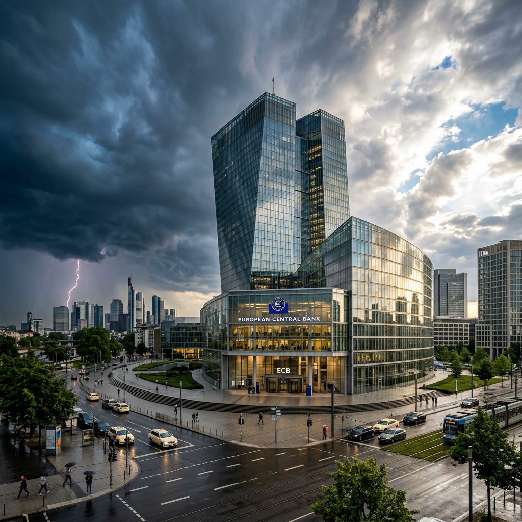 European Central Bank building with lightning strike and cloudy sky