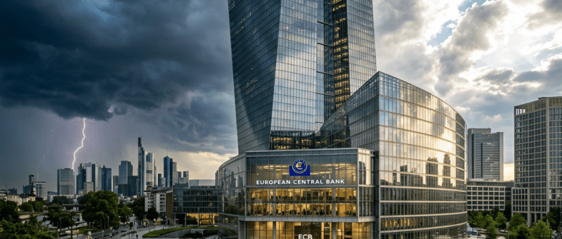 European Central Bank building with lightning strike and cloudy sky