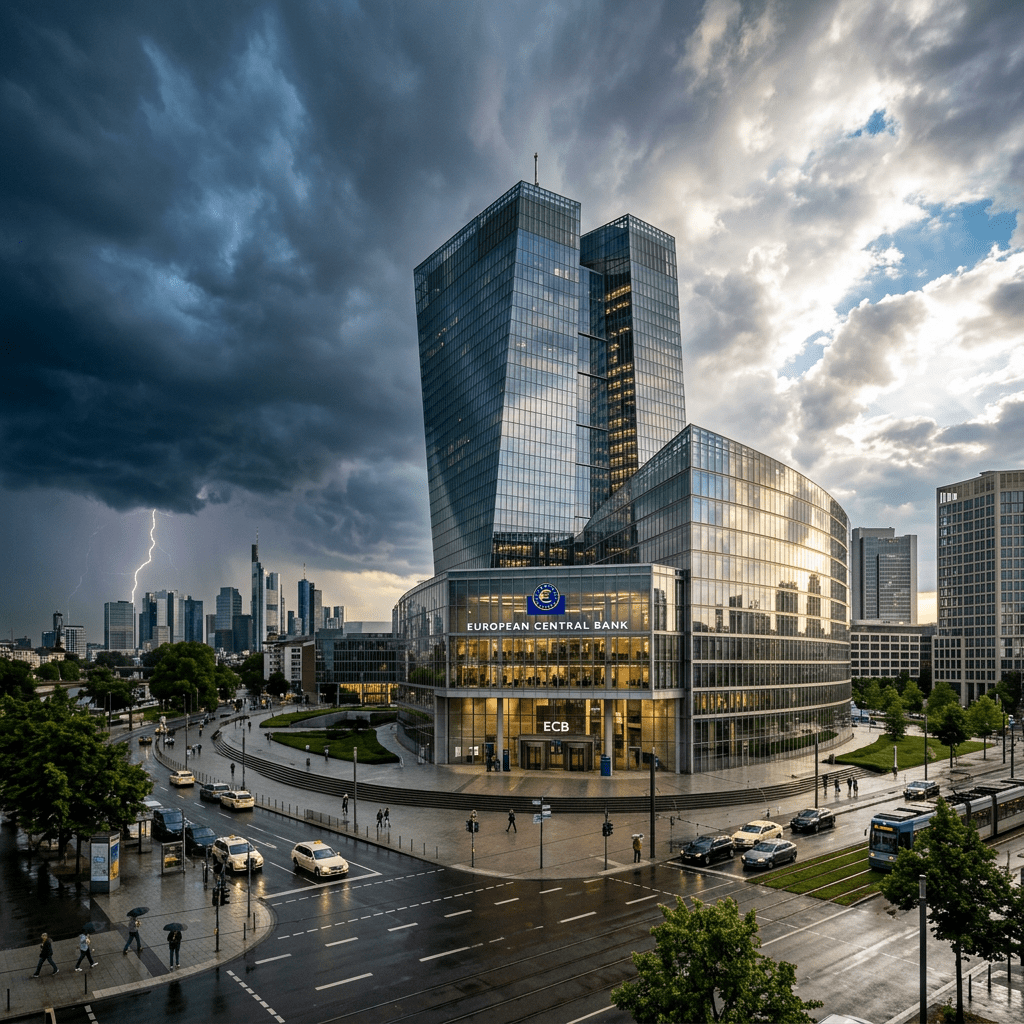 European Central Bank building with lightning strike and cloudy sky