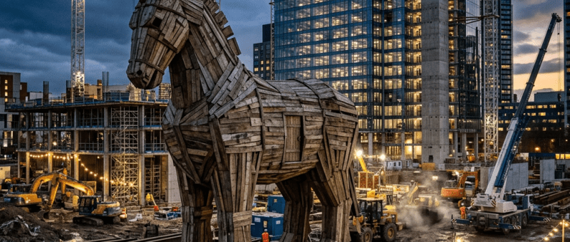 Large wooden Trojan horse model on wheels at a city construction site with workers and cranes