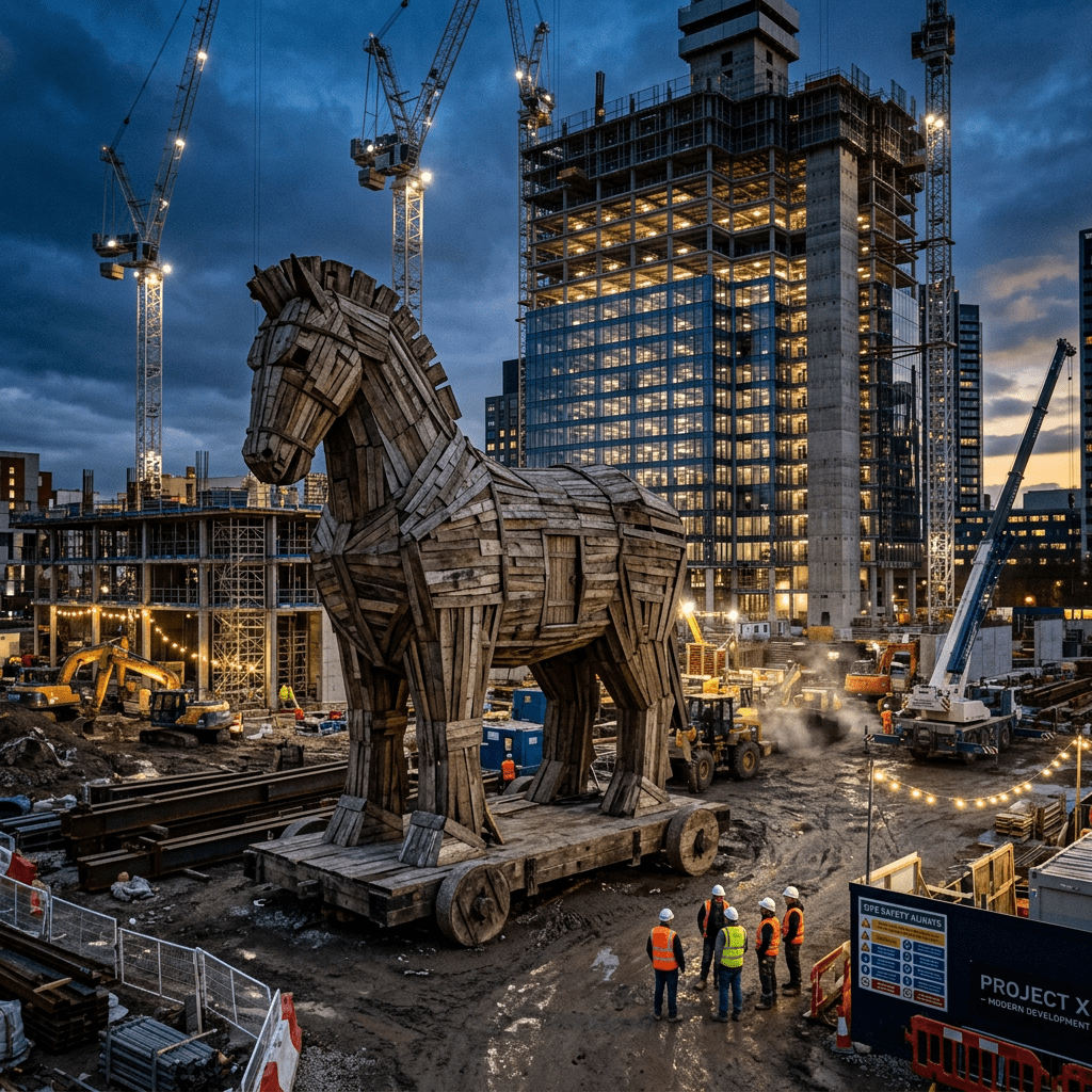 Large wooden Trojan horse model on wheels at a city construction site with workers and cranes