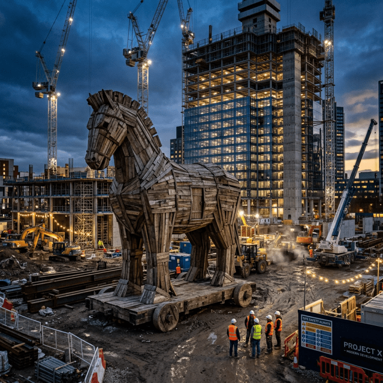 Large wooden Trojan horse model on wheels at a city construction site with workers and cranes