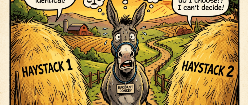 A donkey stands confused between two identical haystacks labeled Haystack 1 and Haystack 2, unable to decide which to choose.