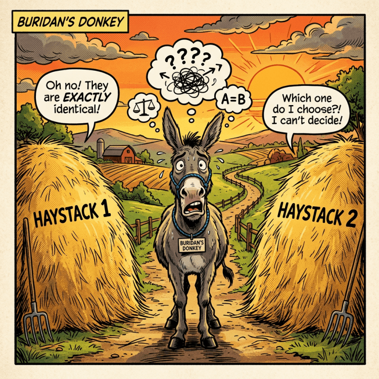 A donkey stands confused between two identical haystacks labeled Haystack 1 and Haystack 2, unable to decide which to choose.