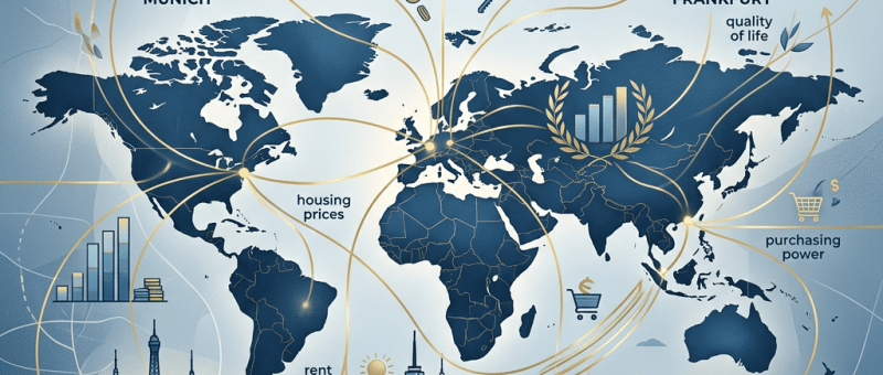 Infographic comparing global cities through rent, housing, and purchasing power