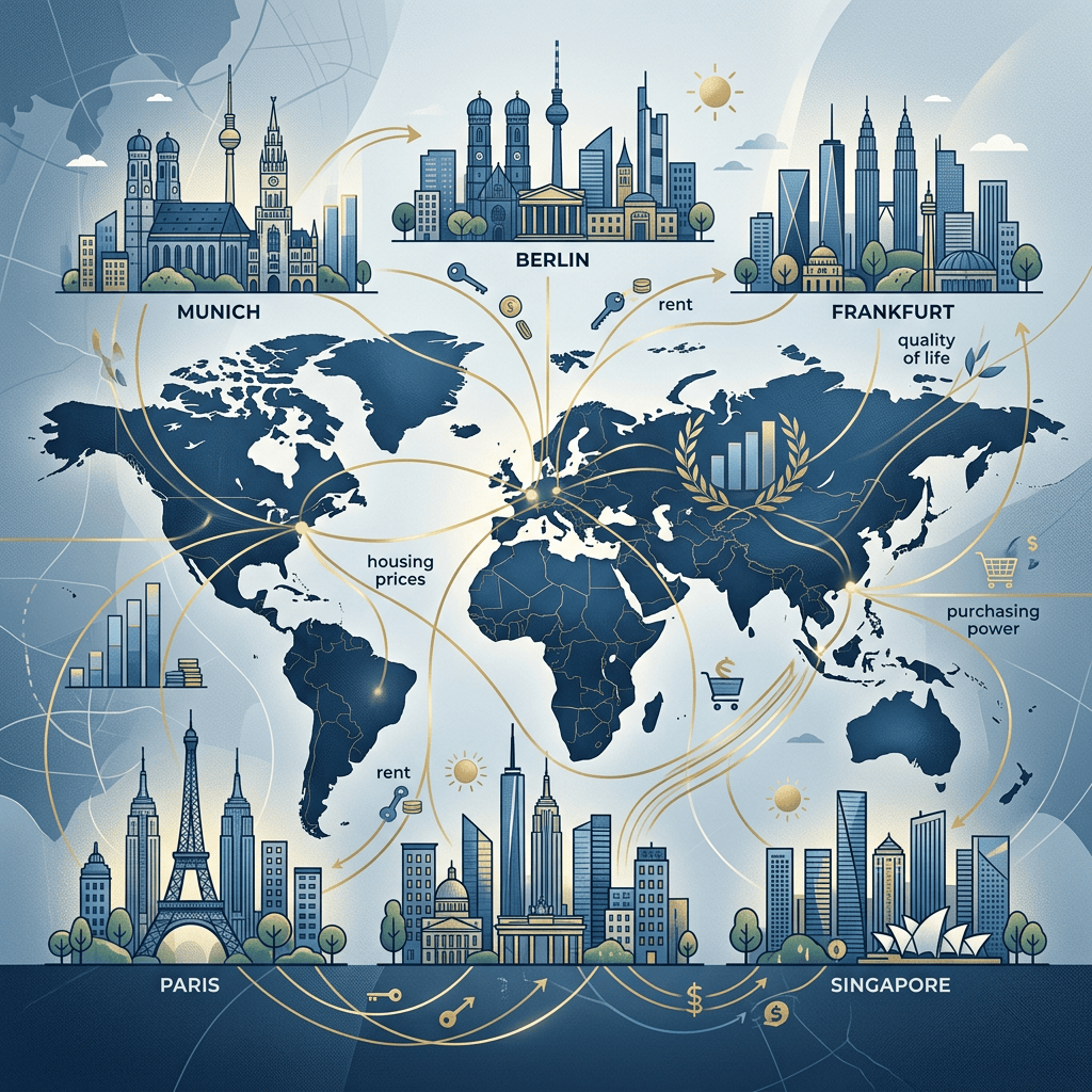 Infographic comparing global cities through rent, housing, and purchasing power