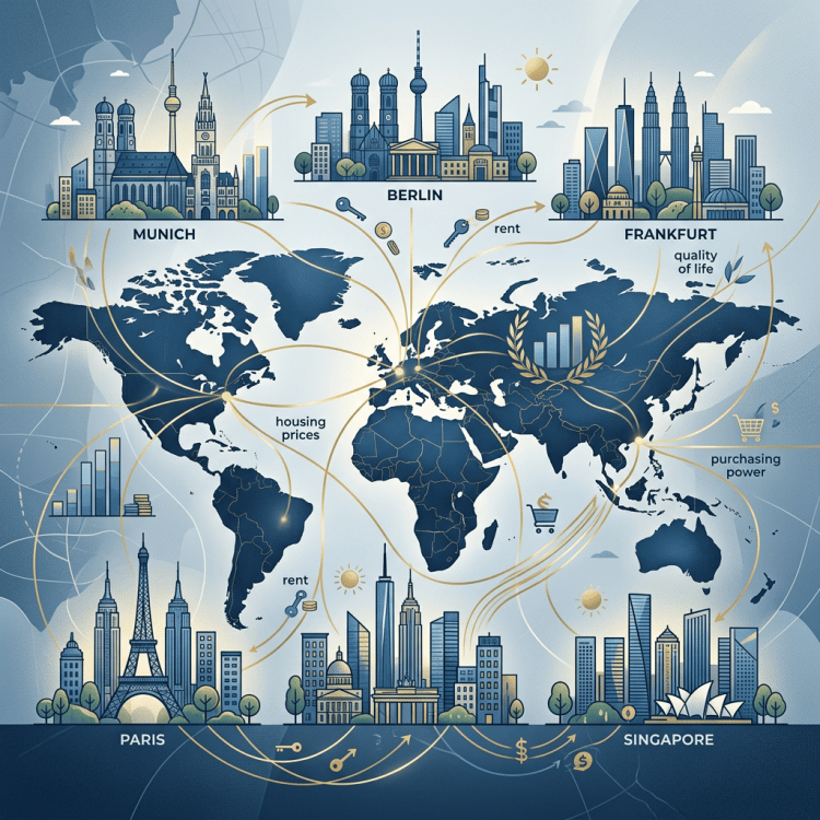 Infographic comparing global cities through rent, housing, and purchasing power