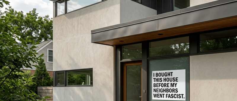 Modern home with sign reading, "I BOUGHT THIS HOUSE BEFORE MY NEIGHBORS WENT FASCIST."