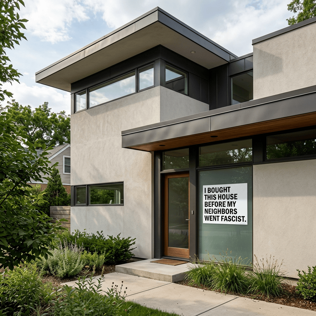 Modern home with sign reading, "I BOUGHT THIS HOUSE BEFORE MY NEIGHBORS WENT FASCIST."