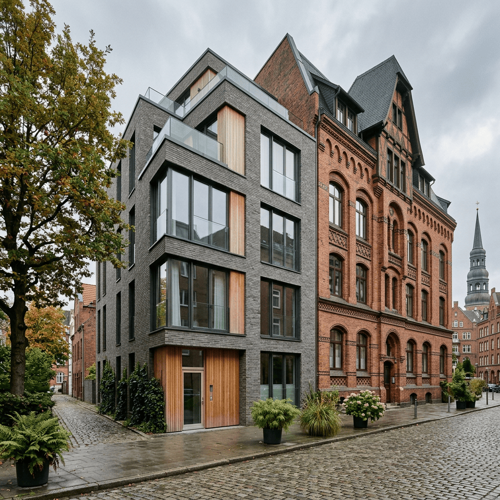 Modern gray apartment building beside historic red-brick architecture and church tower
