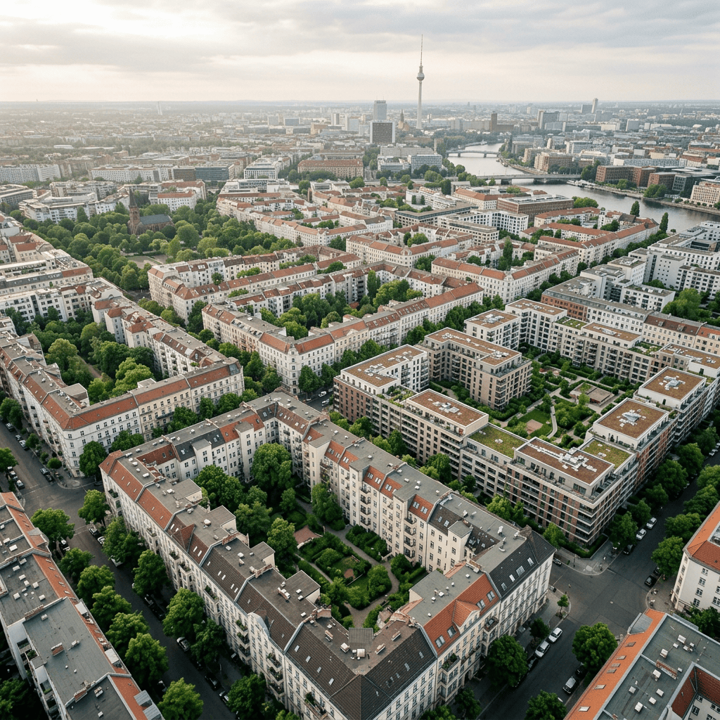Aerial view of Berlin neighborhoods, waterways, and television tower
