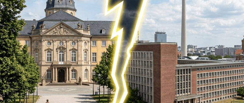 Karlsruhe Bundesgerichtshof and Berlin Landgericht separated by a glowing lightning bolt