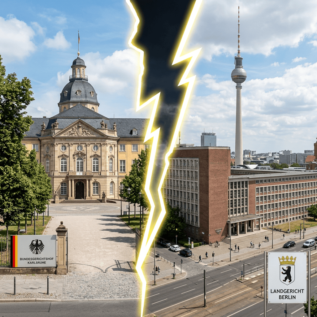 Karlsruhe Bundesgerichtshof and Berlin Landgericht separated by a glowing lightning bolt