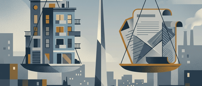 Scales of justice balancing an apartment building and legal documents