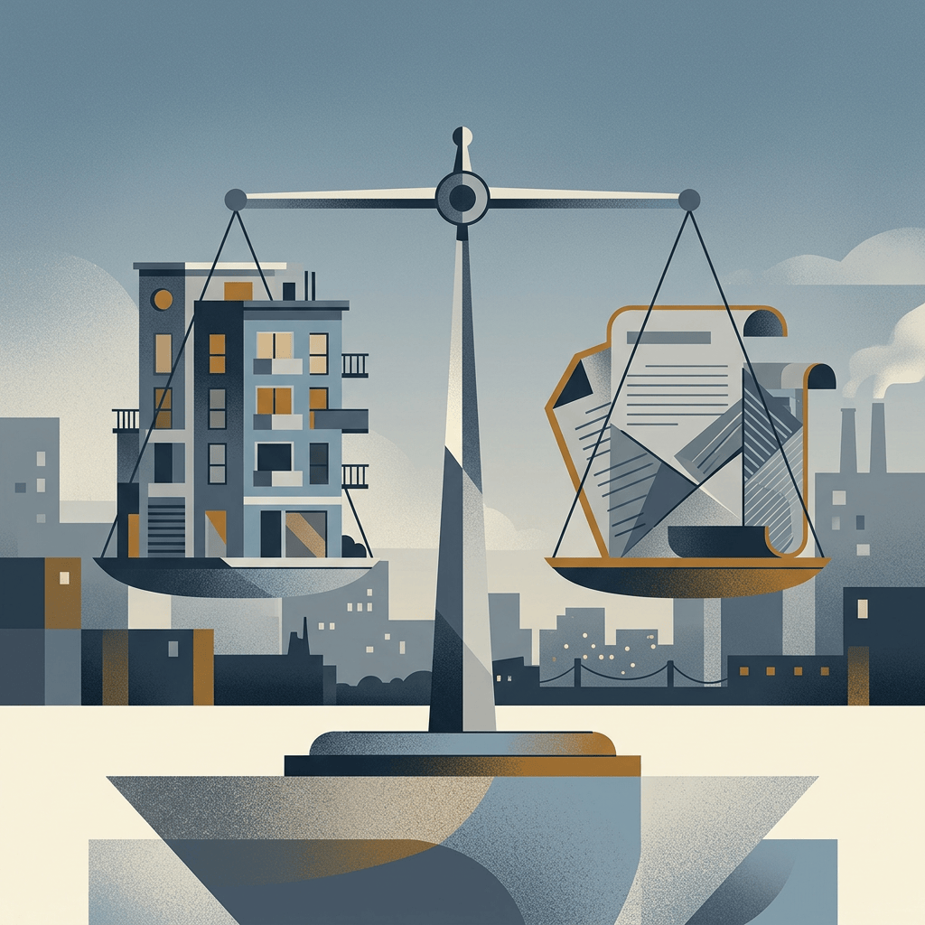 Scales of justice balancing an apartment building and legal documents